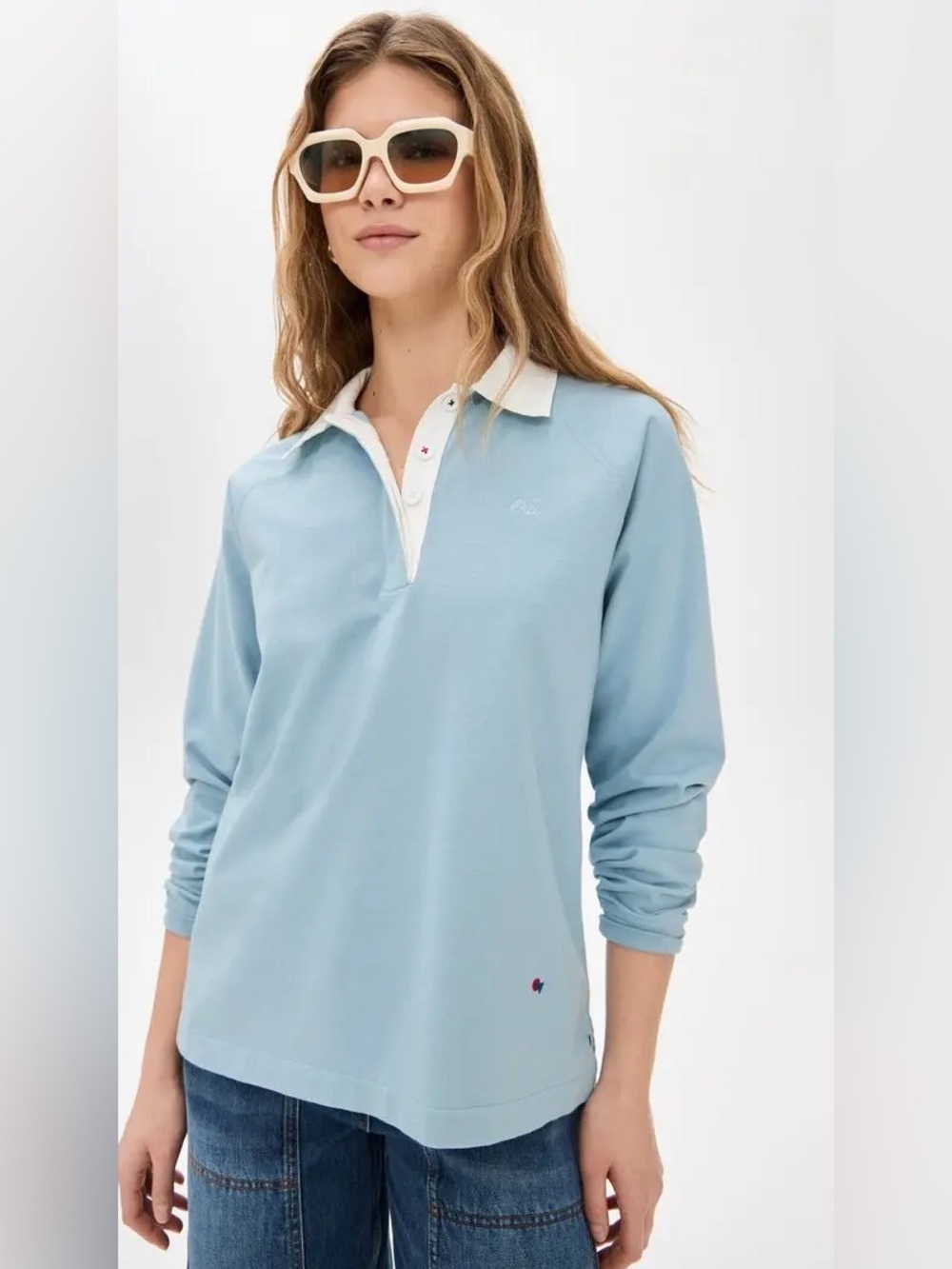 Clare V. Le Rugby Tee Long Sleeve Polo in Dusty Blue Womens Small